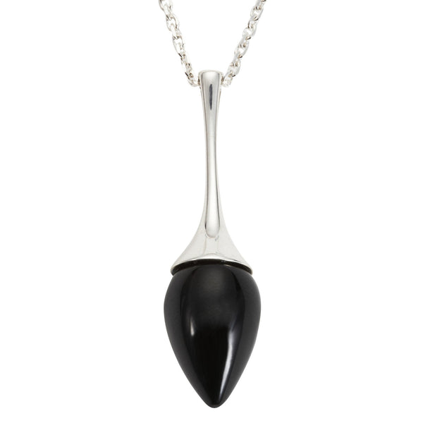 Sterling Silver Whitby Jet Long Flute Pear Stone Necklace. P1909