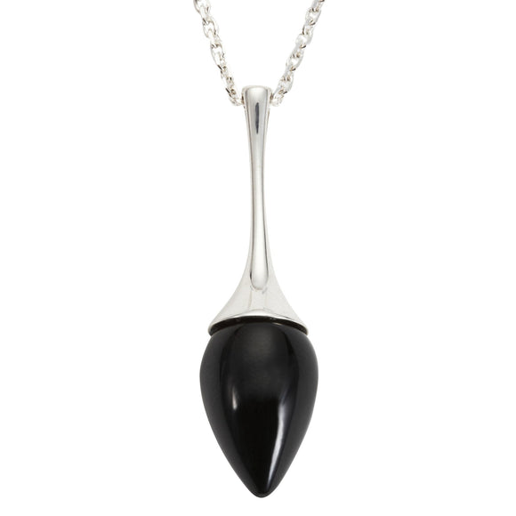 Sterling Silver Whitby Jet Long Flute Pear Stone Necklace. P1909