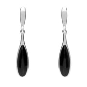 Sterling Silver Whitby Jet Long Slim Pear Drop Stud Earrings. E1110.