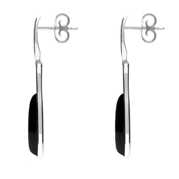 Sterling Silver Whitby Jet Long Slim Pear Drop Stud Earrings. E1110.