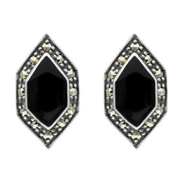Sterling Silver Whitby Jet Marcasite Abstract Marqusie Stud Earrings, E1695. 