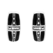 Sterling Silver Whitby Jet Marcasite Cross Barrel Stud Earrings. e611.