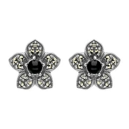 Sterling Silver Whitby Jet Marcasite Flower Stud Earrings E1696