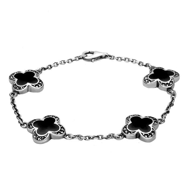 Sterling Silver Whitby Jet Marcasite Four Stone Clover Bracelet. B749. 