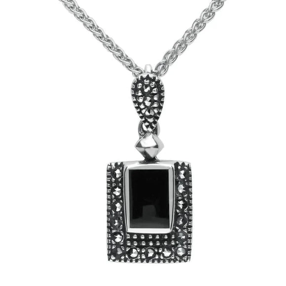Sterling Silver Whitby Jet Marcasite Framed Oblong Necklace, P1308.