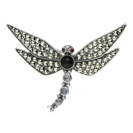Sterling Silver Whitby Jet Marcasite Garnet Moonstone Brooch M296
