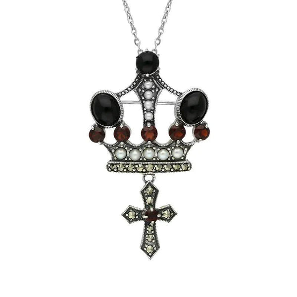 Sterling Silver Whitby Jet Marcasite Garnet Pearl Crown & Cross Necklace P2217