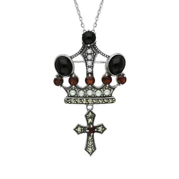 Sterling Silver Whitby Jet Marcasite Garnet Pearl Crown & Cross Necklace P2217