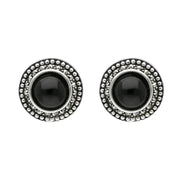 Sterling Silver Whitby Jet Marcasite Large Round Framed Stud Earrings E1698