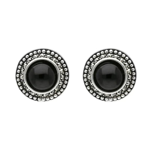 Sterling Silver Whitby Jet Marcasite Large Round Framed Stud Earrings E1698