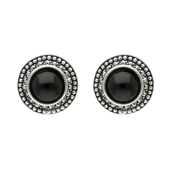 Sterling Silver Whitby Jet Marcasite Large Round Framed Stud Earrings E1698