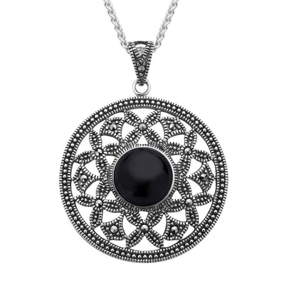 Sterling Silver Whitby Jet Marcasite Open Circle Necklace, P2142.