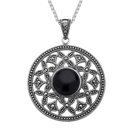 Sterling Silver Whitby Jet Marcasite Open Circle Necklace, P2142.