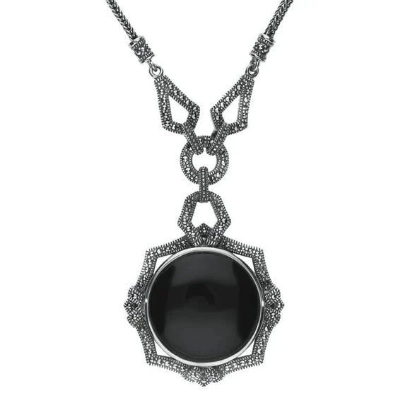 Sterling Silver Whitby Jet Marcasite Ornate Framed Necklace, N993.