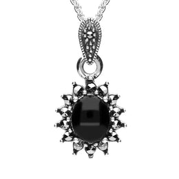 Sterling Silver Whitby Jet Marcasite Oval Bead Edge Necklace P2134