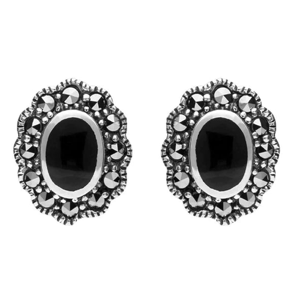 Sterling Silver Whitby Jet Marcasite Oval Beaded Edge Stud Earrings E1632