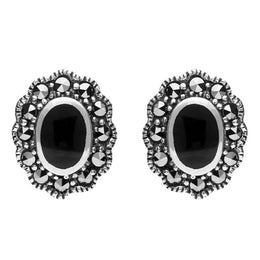Sterling Silver Whitby Jet Marcasite Oval Beaded Edge Stud Earrings E1632