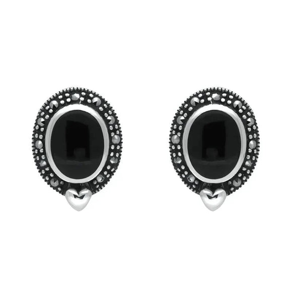 Sterling Silver Whitby Jet Marcasite Oval Framed Stud Earrings. E876. 