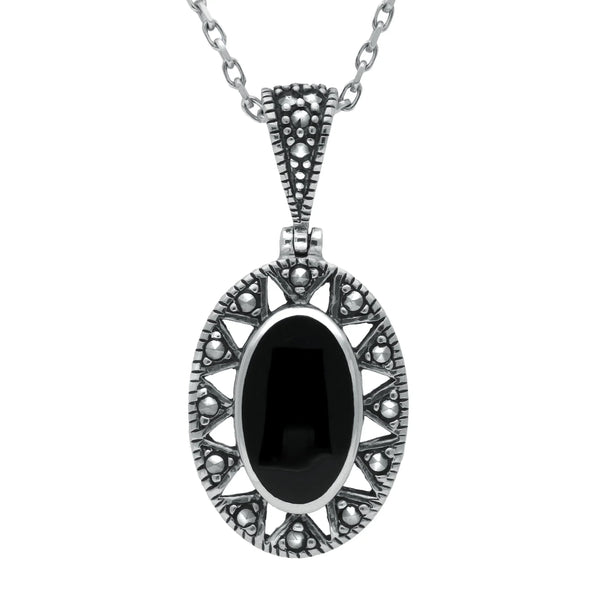 Sterling Silver Whitby Jet Marcasite Oval Necklace. P1323.
