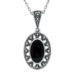 Sterling Silver Whitby Jet Marcasite Oval Necklace. P1323.