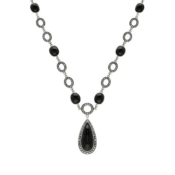 Sterling Silver Whitby Jet Marcasite Pear Drop Oval Chain Necklace, N915.