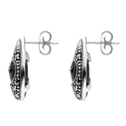 Sterling Silver Whitby Jet Marcasite Pear Shaped Stud Earrings. E2238.