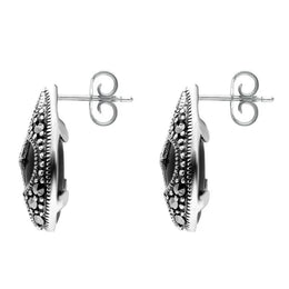 Sterling Silver Whitby Jet Marcasite Pear Shaped Stud Earrings. E2238.