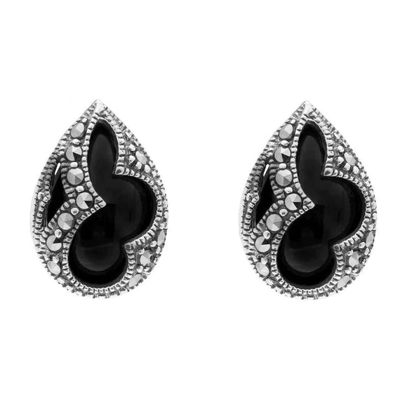 Sterling Silver Whitby Jet Marcasite Pear Shaped Stud Earrings, E2