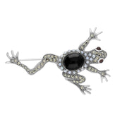 Sterling Silver Whitby Jet Marcasite Pearl Garnet Frog Brooch, M295.