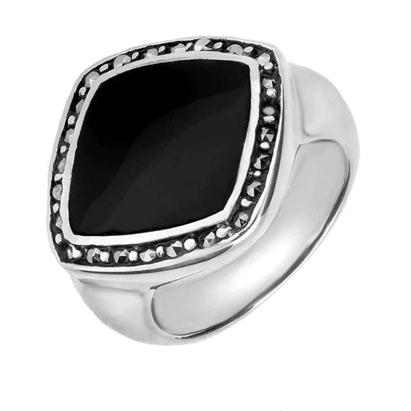 Sterling Silver Whitby Jet Marcasite Rhombus Framed Ring. R431.