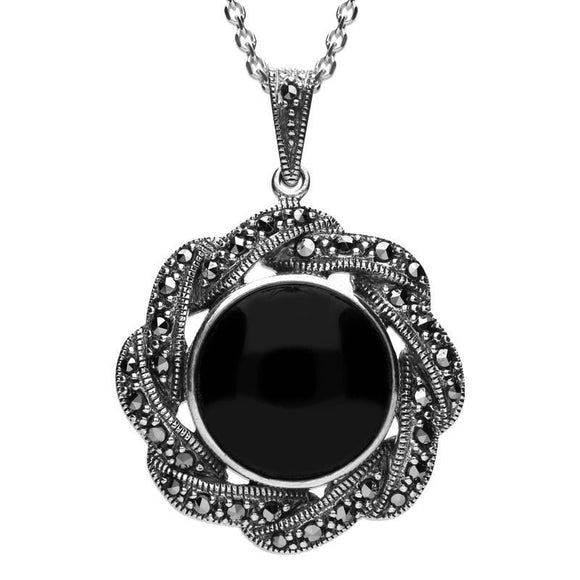 Sterling Silver Whitby Jet Marcasite Ribbon Edge Necklace, P2135.