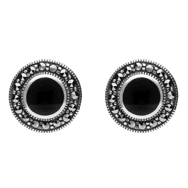Sterling Silver Whitby Jet Marcasite Round Beaded Edge Stud Earrings E1633