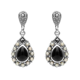 Sterling Silver Whitby Jet Marcasite Round Edge Bead Drop Earrings. E2306