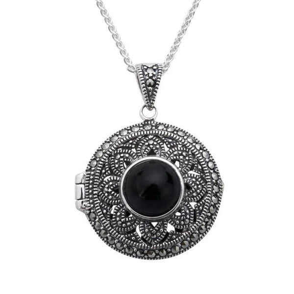 Sterling Silver Whitby Jet Marcasite Round Floral Locket Necklace P2150