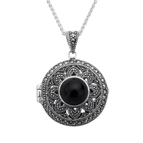 Sterling Silver Whitby Jet Marcasite Round Floral Locket Necklace P2150