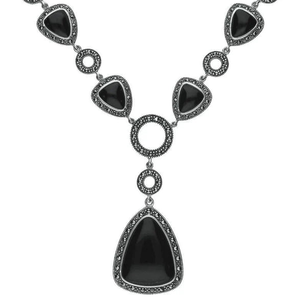 Sterling Silver Whitby Jet Marcasite Triangular Thirteen Stone Necklace, N995.