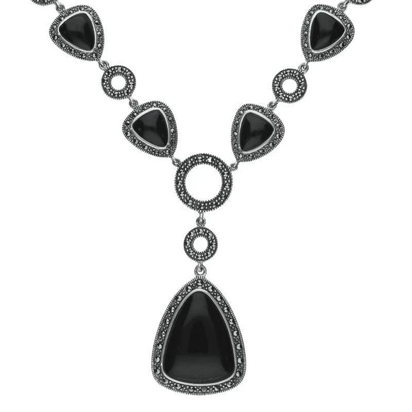 Sterling Silver Whitby Jet Marcasite Triangular Thirteen Stone Necklace, N995.