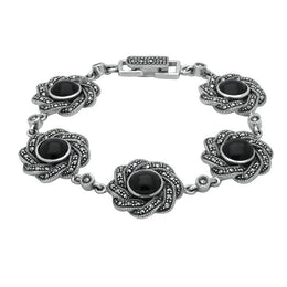 Sterling Silver Whitby Jet & Marcasite Twisted Ribbon Bracelet. B879