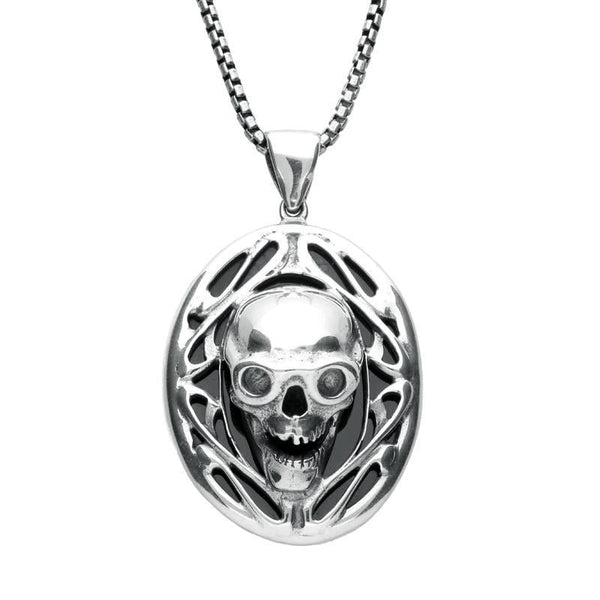 Sterling Silver Whitby Jet Medium Oval Skull Necklace, P2799.