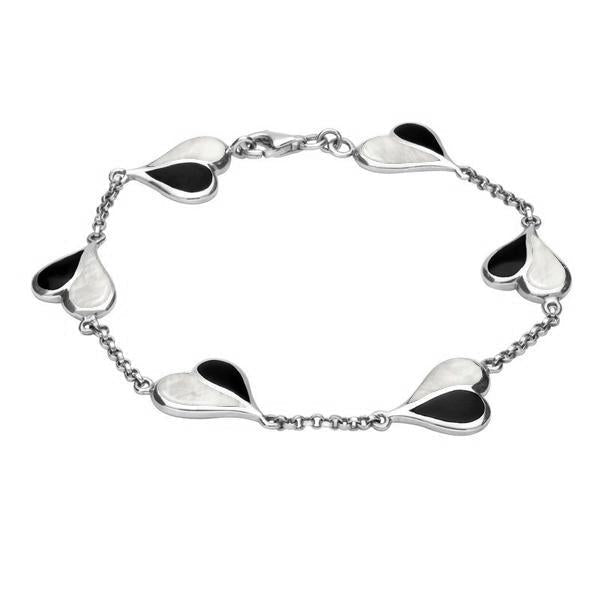 Sterling Silver Whitby Jet Mother of Pearl Split Heart Bracelet. B360.