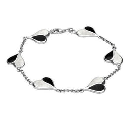 Sterling Silver Whitby Jet Mother of Pearl Split Heart Bracelet. B360.
