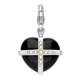 Sterling Silver Whitby Jet Nine Pearl Medium Cross Heart Charm G768