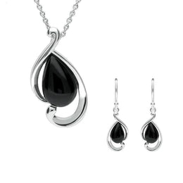 Sterling Silver Whitby Jet Open Fancy Pear Two Piece Set. S035