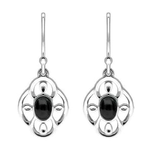 Sterling Silver Whitby Jet Open Petal Edge Flower Hook Earrings