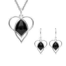 Sterling Silver Whitby Jet Open Twist Heart Two Piece Set. S036