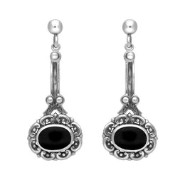 Sterling Silver Whitby Jet Ornate Antique Oval Drop Earrings. E053. 