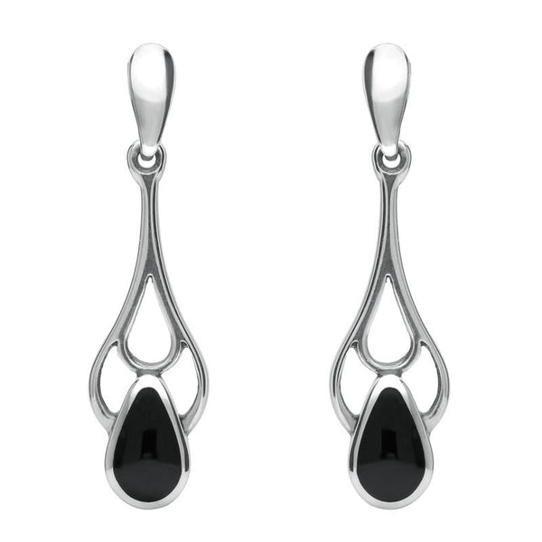 Sterling Silver Whitby Jet Ornate Pear Drop Earrings. E139. 