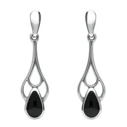 Sterling Silver Whitby Jet Ornate Pear Drop Earrings. E139. 