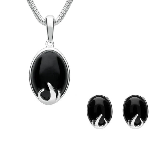 Sterling Silver Whitby Jet Oval Claw Two Piece Set. S034