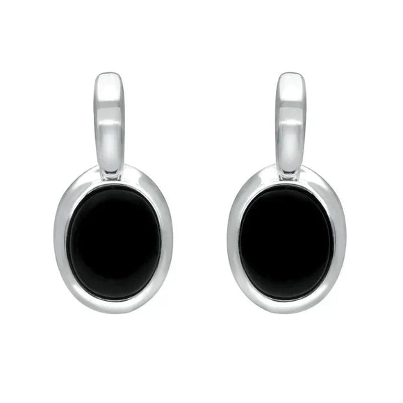 Sterling Silver Whitby Jet Oval Drop Earrings. e2036.